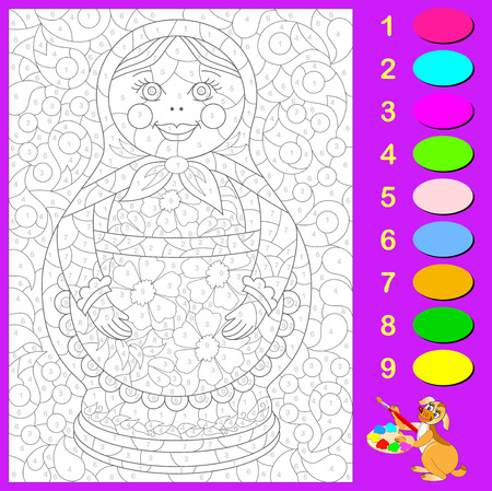 Exercise for young children. Need to color the black and white picture with Russian doll according to numbers. Vector image.のイラスト素材