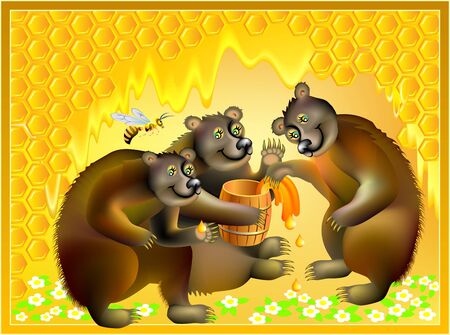 Beautiful background with bears family and honeycombs. Advertising for honey. Vector cartoon image.のイラスト素材