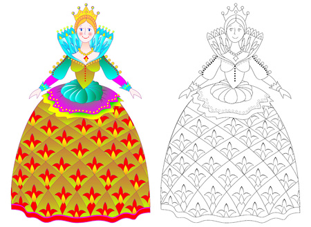 Colorful and black and white pattern for coloring. Illustration of beautiful medieval princess in elegant dress. Worksheet for children and adults. Vector image.のイラスト素材