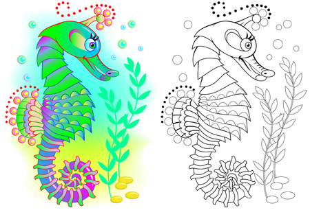 Colorful and black and white pattern for coloring. Illustration of fairy tale seahorse. Worksheet for children and adults. Vector image.のイラスト素材