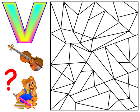 Educational page with letter V for study English letters. Logic puzzle game. Find and paint 5 letters V. Vector image.のイラスト素材