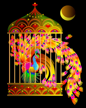 Illustration of fantastic fire bird sitting in a gold cage from fairyland.のイラスト素材