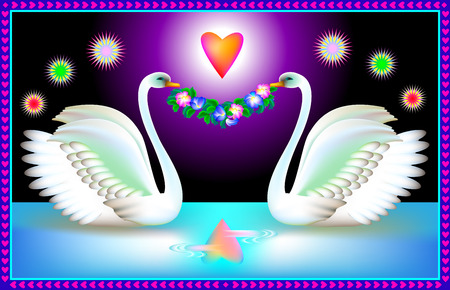 Greeting card with two swans who are celebrating wedding, vector cartoon image.のイラスト素材