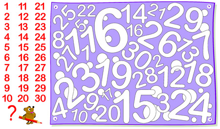 Logic puzzle game for young children. Find all the numbers from 1 till 30 and paint them. Vector cartoon image.のイラスト素材