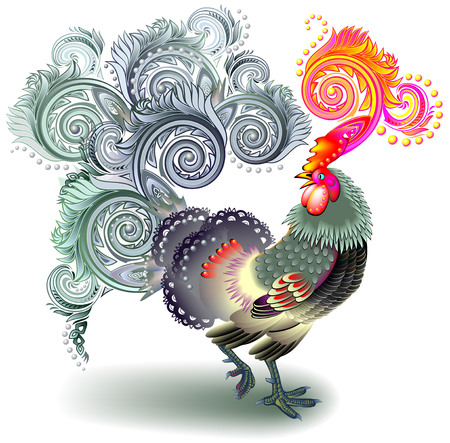 Illustration of beautiful fantasy rooster on white background, vector cartoon image.のイラスト素材