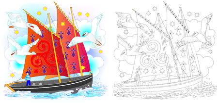 Colorful and black and white pattern for coloring. Fantasy drawing of ancient Celtic sailboat. Worksheet for children and adults. Vector image.のイラスト素材