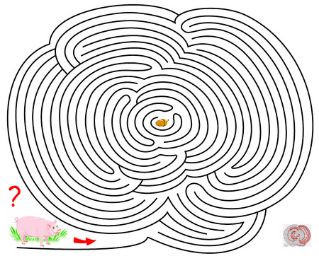 Logic puzzle game with labyrinth for children and adults. Help the pig find the way till the acorn. Vector cartoon image.のイラスト素材