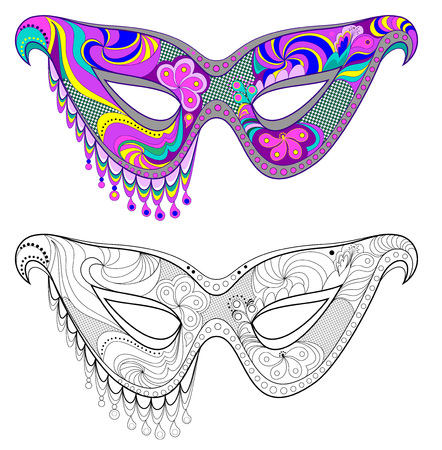 Colorful and black and white pattern for coloring. Fantasy drawing of beautiful carnival mask. Worksheet for childrenのイラスト素材