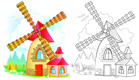 Illustration of fairyland toy windmill. Colorful and black and white pattern for coloring. Worksheet for children and adults. Vector image.のイラスト素材