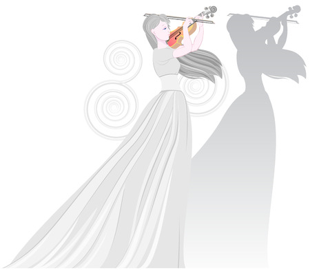 Illustration of beautiful fairy playing the violin. Poster for musical festival with woman's figure and her shadow. Vector cartoon image.のイラスト素材