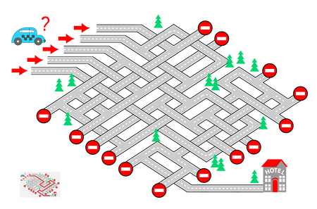Logic puzzle game with labyrinth for children and adults. Help the taxi driver find the way to the hotel. Which road should he choose? Vector cartoon image.のイラスト素材
