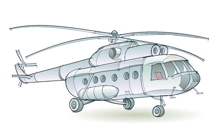 Fantasy illustration of passenger helicopter on white background. Model of multifunctional aircraft transport widespread using. Hand-drawn vector image.のイラスト素材
