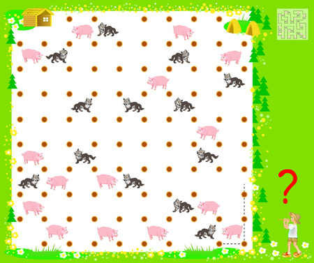 Logic puzzle game with labyrinth for children and adults. Connect points with vertical and horizontal lines so closed chain is obtained and all wolves are outside fence. Vector cartoon image.のイラスト素材