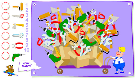 Educational page for kids. How many times of each tool the worker has bought? Count the quantity and write the numbers in circles. Vector cartoon image.のイラスト素材