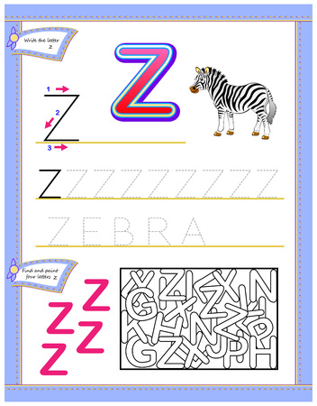 Worksheet for kids with letter Z for study English alphabet. Logic puzzle game. Developing children skills for writing and reading. Vector cartoon image.のイラスト素材
