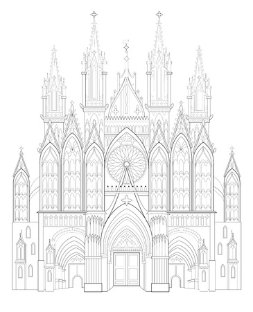 Fantasy drawing of medieval Gothic castle. Black and white page for coloring book. Worksheet for children and adults. Vector image.のイラスト素材