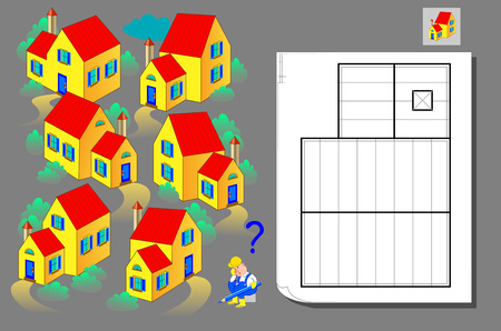 Logic puzzle game for children and adults. Help the worker find the house corresponding the plan. Template for brainteaser book. Developing spatial thinking. Back to school. Vector cartoon image.のイラスト素材