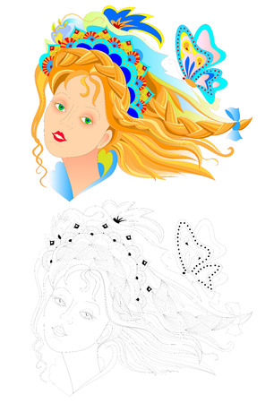 Fantasy drawing of woman face with fashionable hairstyle. Colorful and black and white page for coloring book. Worksheet for children and adults. Advertising poster for hairdresser. Vector cartoon image.のイラスト素材