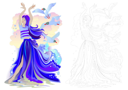 Fantasy drawing of beautiful mermaid dancing with seagulls. Colorful and black and white page for coloring book. Worksheet for children and adults. Vector cartoon image.のイラスト素材