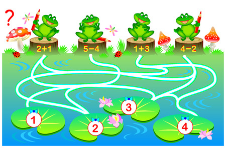 Educational page with exercises for children on addition and subtraction.  Solve examples and draw the way from each frog till correct water lily leaf. Vector cartoon image.のイラスト素材