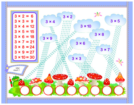 Multiplication table by 3 for kids. Write the numbers in correct circles. Educational page for mathematics baby book. Back to school. Vector cartoon image.のイラスト素材