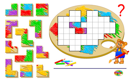 Logic puzzle game for children and adults. Need to find the places for remaining blocks and paint them correctly. Page for brainteaser book. Developing spatial thinking. Vector image.のイラスト素材