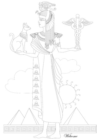 Black and white page for coloring book. Fantasy drawing of beautiful Egyptian queen in ancient environment. Advertising for travel company. Worksheet for children and adults. Vector image.のイラスト素材