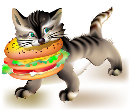 Illustration of cat  stealing hamburger, vector cartoon image.のイラスト素材