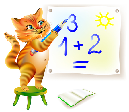 Illustration of cat learning write numbers, vector cartoon image.のイラスト素材