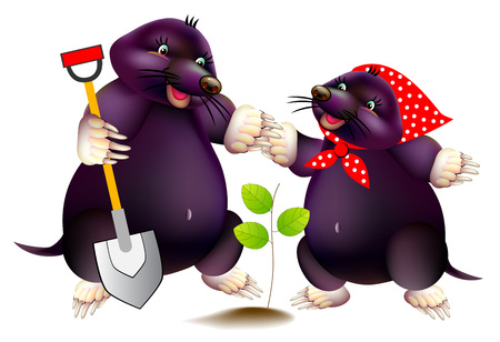 Fantasy illustration of two cute little moles working in spring garden. Print for children school textbook. Vector cartoon image.のイラスト素材