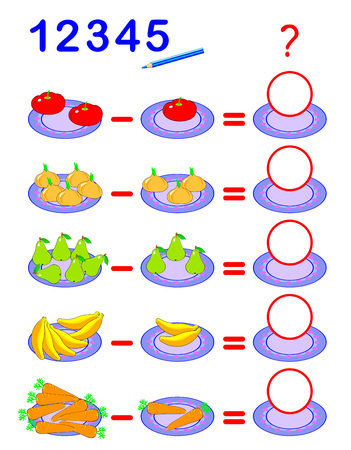 Educational page for children on subtraction.  Solve examples, count the quantity of fruits a vegetables and write numbers in circles. Printable mathematical worksheet for kids textbook.のイラスト素材