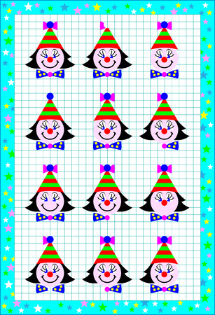 Educational page for little children on square paper. Find and draw missing details so all the clowns are identical. Developing baby skills. Printable worksheet for kids textbook. Back to school.のイラスト素材
