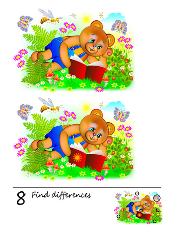 Logic puzzle game for children and adults. Need to find 8 differences. Printable page for baby brainteaser book. Cute bear reading. Developing skills for counting. Vector cartoon image.のイラスト素材