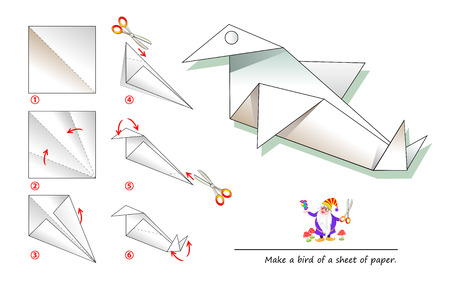 Printable template for kids with instructions for folding paper game Origami. Using scissors make a bird of a sheet of paper. Developing children skills for hand work. Back to school. Vector image.のイラスト素材