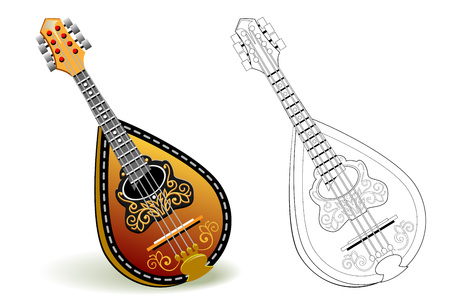 Colorful and black and white pattern for coloring. Illustration of stringed musical instrument mandolin. Worksheet for coloring book for children and adults. Vector image.のイラスト素材