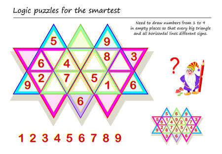 Logic puzzle Sudoku game for smartest. Need to draw numbers from 1 to 9 in empty places so that every big triangle and all horizontal lines different signs. Printable page for brainteaser book.のイラスト素材