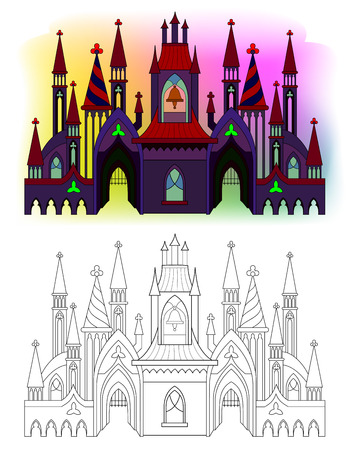 Colorful and black and white pattern of medieval Gothic castle with towers, bells and gates. Printable worksheet for coloring book for children and adults. Vector cartoon image.のイラスト素材