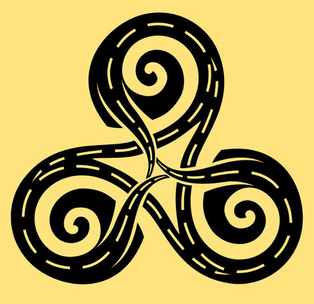 Three roads leading in Celtic disk ornament with triple spiral symbol, black and white vector image.のイラスト素材