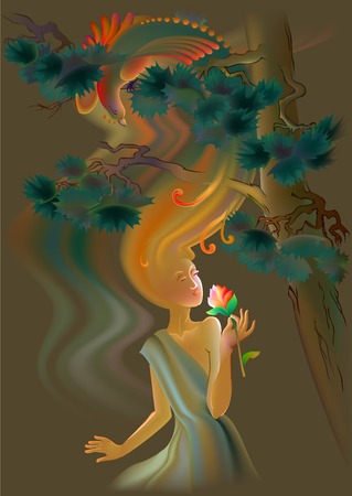 Beautiful women smells the flower, vector cartoon image.のイラスト素材
