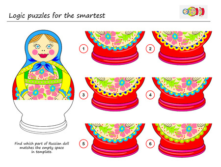 Logic puzzle game for smartest. Find which part of Russian doll matches the empty space in template. Printable page for brainteaser book. Developing spatial thinking. Vector cartoon image.のイラスト素材