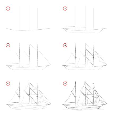 Creation step by step pencil drawing. Page shows how to learn draw sketch of imaginary three-masted sailing ship. School textbook for developing artistic skills. Hand-drawn vector image.のイラスト素材
