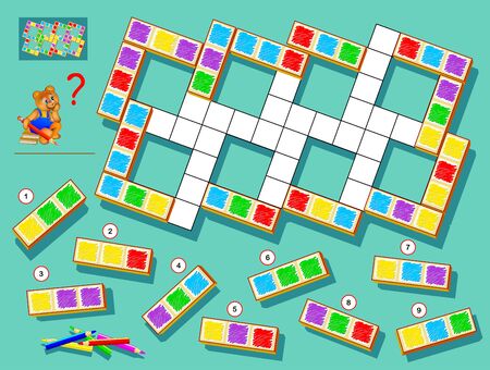 Logic puzzle game for children and adults. Find correct places for remaining blocks and paint white squares respecting domino rules. Printable page for brainteaser book. Developing spatial thinking.のイラスト素材