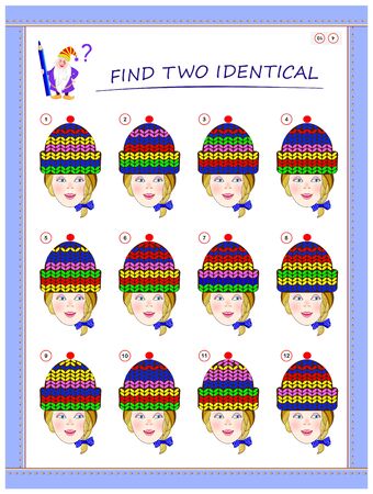 Logic puzzle game for little children. Need to find two girls with identical caps. Educational page for kids. Printable worksheet for baby book. Back to school. Vector cartoon image.のイラスト素材