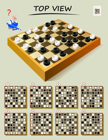 Logic puzzle game for smartest. Need to find correct top view of checkerboard. Printable page for brain teaser book. Developing spatial thinking skills. Vector cartoon image.のイラスト素材