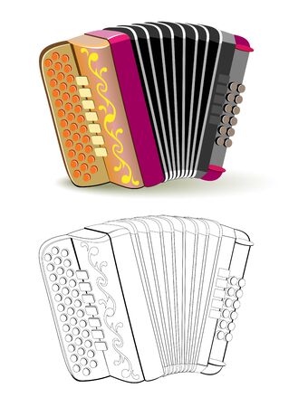 Colorful and black and white pattern for coloring. Fantasy illustration of musical instrument French button accordion. Worksheet for coloring book for children and adults. Vector image.のイラスト素材