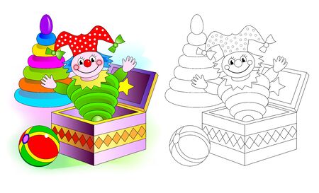 Colorful and black and white pattern for coloring. Set of cute baby toys with clown, ball and pyramid. Worksheet for coloring book for kids. Development children drawing skills. Vector image.のイラスト素材