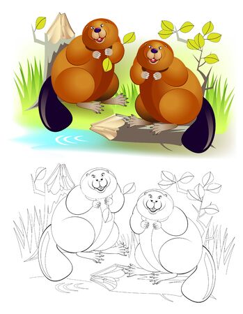 Fantasy illustration of couple cute of beavers gnawing tree trunk. Colorful and black and white page for coloring book for kids. Printable worksheet for children and adults. Vector cartoon image.のイラスト素材