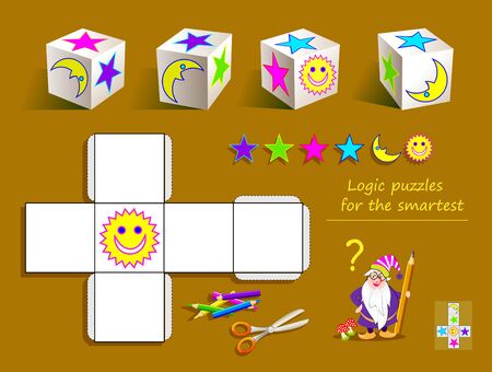 Logic puzzle game for smartest. Draw the signs in empty squares of template so they matches all the cubes. Printable page for brain teaser book. Developing spatial thinking skills. Vector cartoon image.のイラスト素材