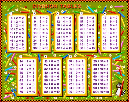 Division tables for little children. Educational page for mathematics baby book. Back to school. Printable worksheet for kids math textbook. Developing counting skills. Vector cartoon image.