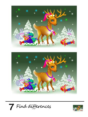 Find 7 differences. Logic puzzle game for children and adults. Printable page for kids brain teaser book. Image of little deer bringing Christmas gifts. Developing counting skills. IQ training test.のイラスト素材